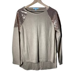 She + Sky Tan Sweater Sequin Shoulder Detail Size Medium Holiday Sparkly NYE